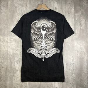 Y2K Men's Von Dutch Faded Black Angel Eyeball Back Graphic Tee S